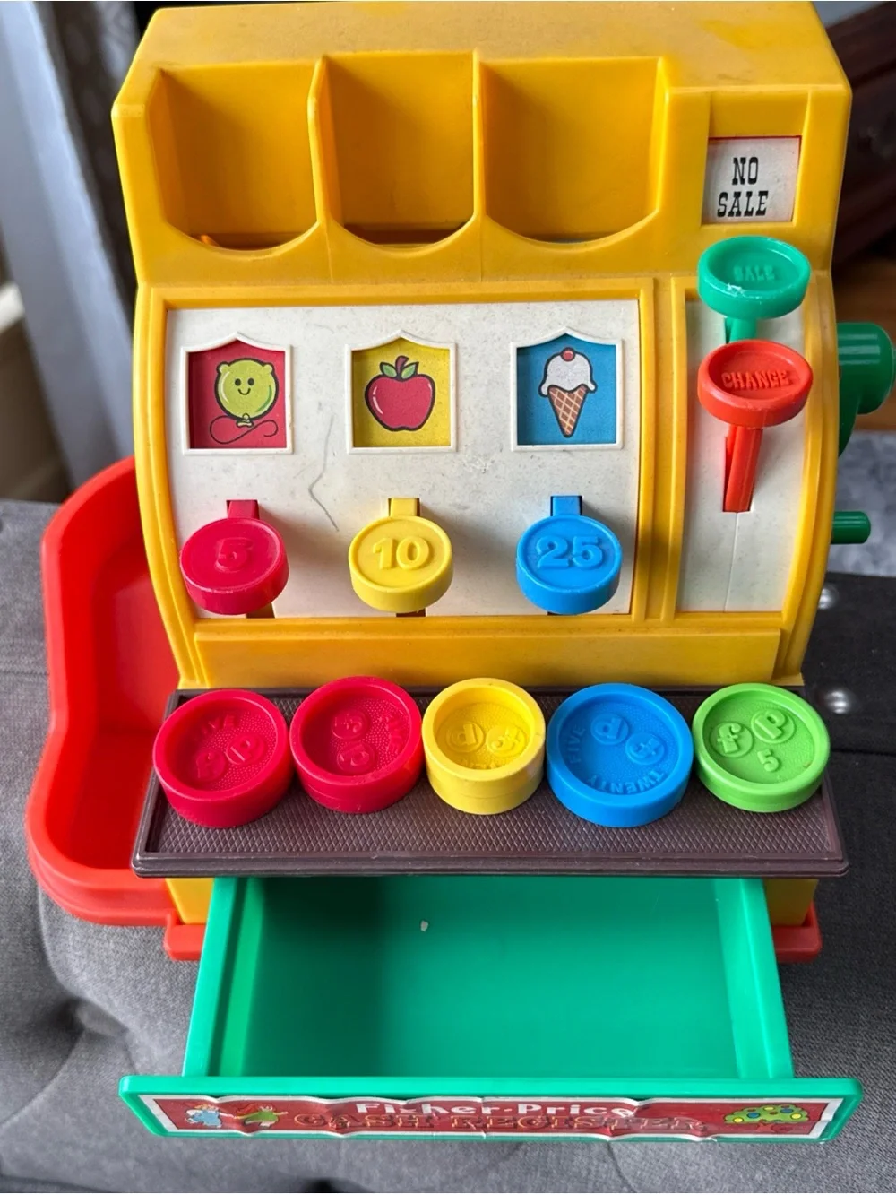 Fisher-Price Yellow Kids Cash Register Toy with Colorful Coins